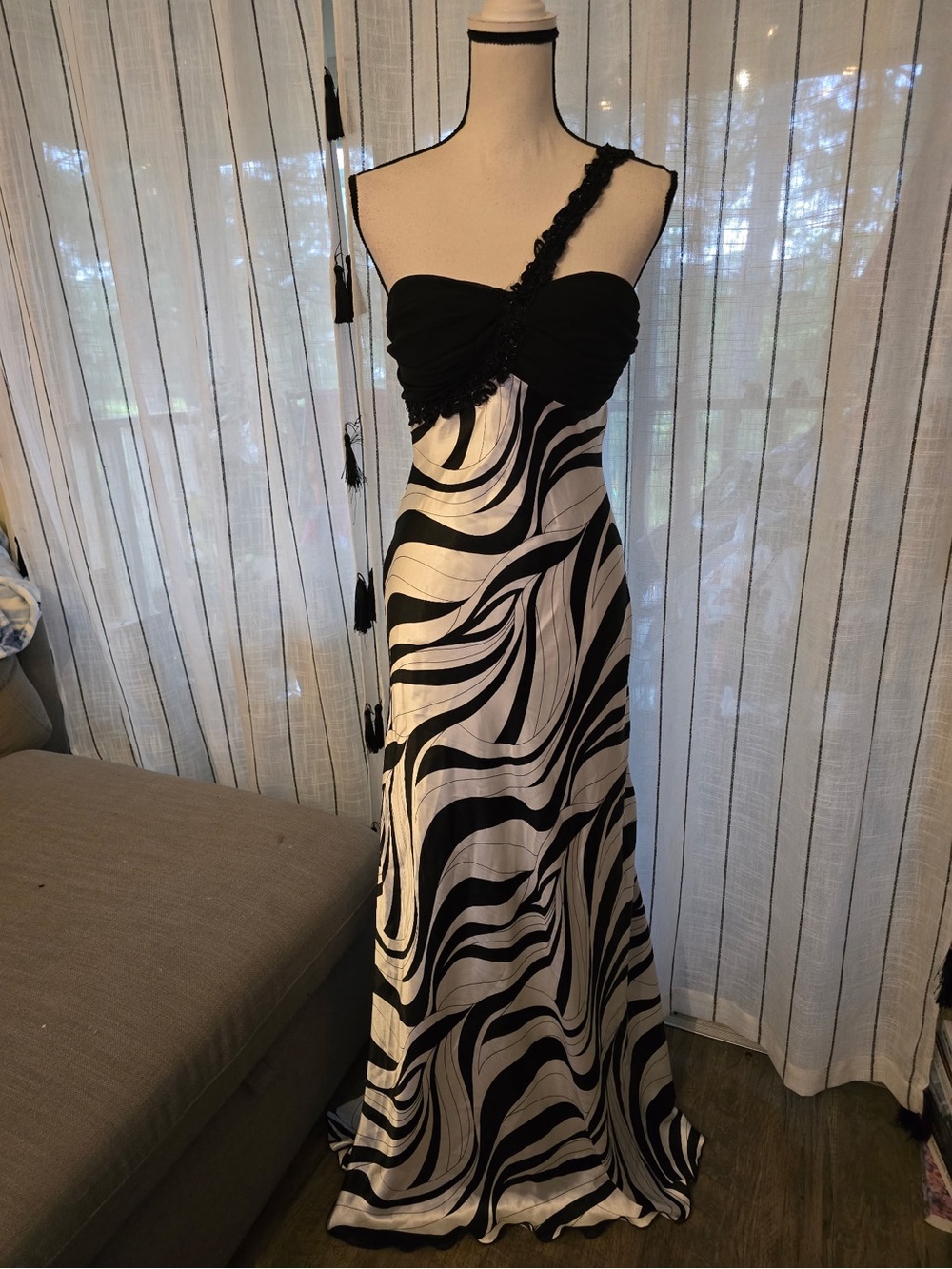 B Darlin Black and White One-Shoulder Swirl Maxi Dress